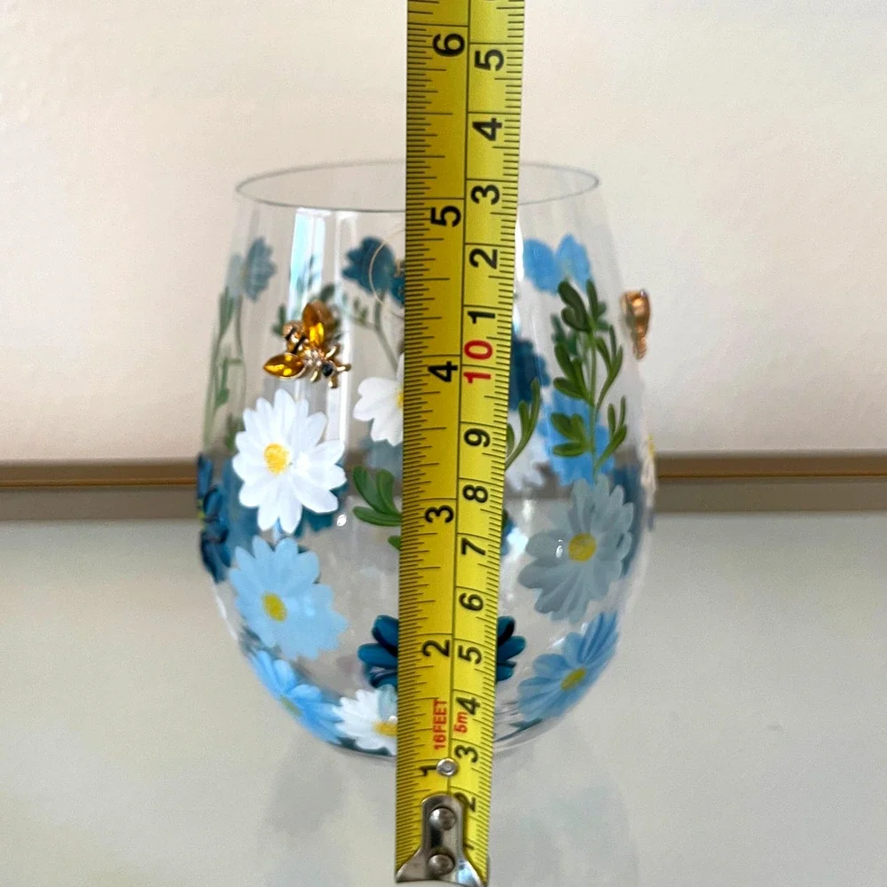 Hand Painted & Jeweled Stemless Wine Glass Blue Daisy Floral Bumblebee NEW
